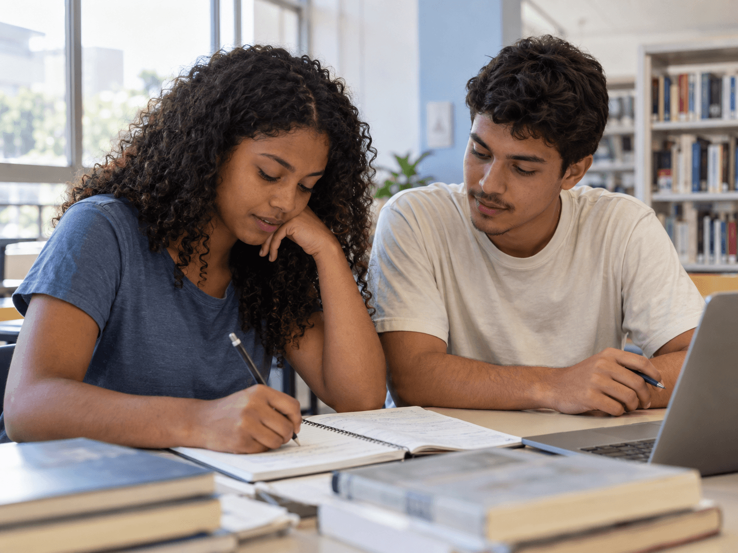 Dois estudantes compartilhando o raciocínio enquanto escrevem em um caderno.